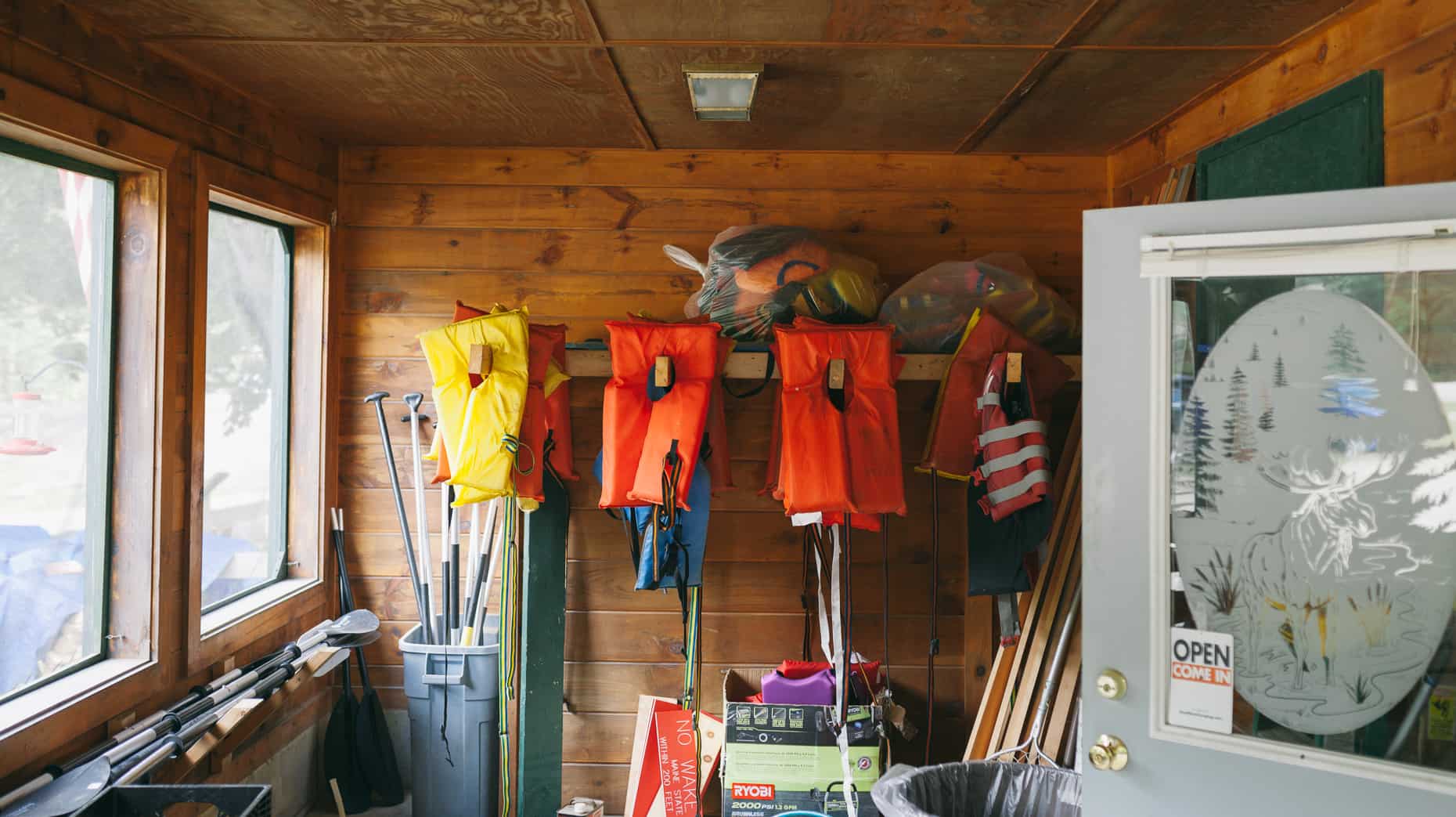 Life jackets in the entrance of Black Brook Campground general store.